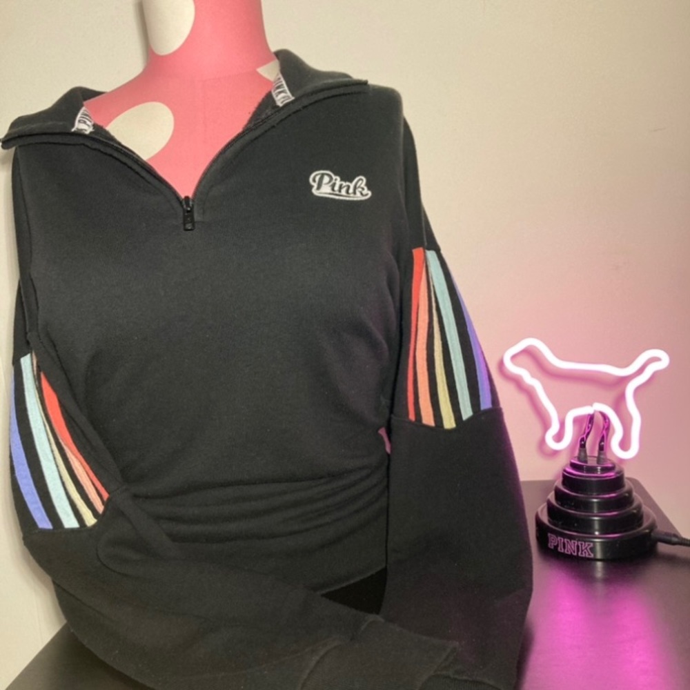 Victoria’s Secret Pink Quarter Zip Pullover Hoodie Rainbow Pride Logo Retro Y2K - Picture 15 of 15